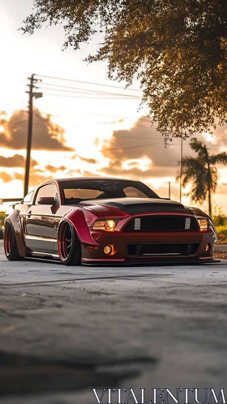 Modified red coupe is parked on urban street at sunset