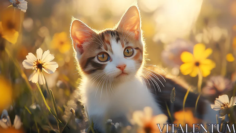 Striped Kitten Among Wildflowers in Golden Sunlight