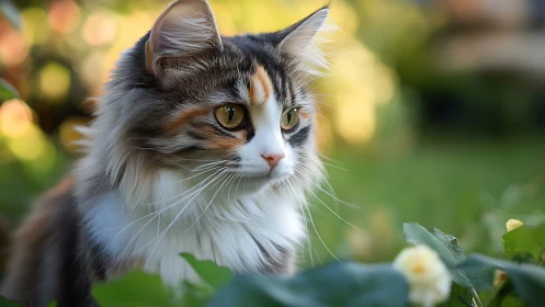 Long-haired tabby cat with striking green eyes in garden setting.