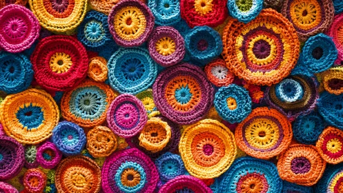Radially layered crochet circles form dense, multicolor textile array