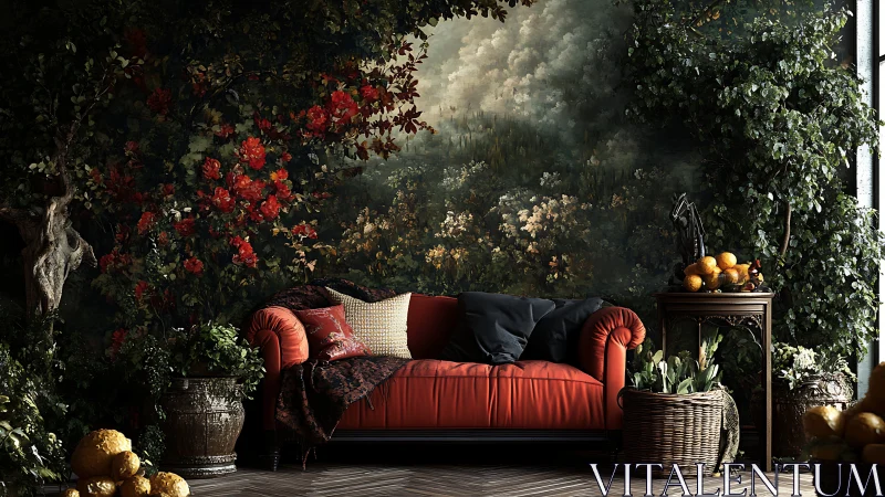 Velvet sofa anchors lush botanical interior with mural depth