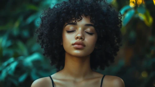 Quiet garden portrait of calm curly haired daydreamer.