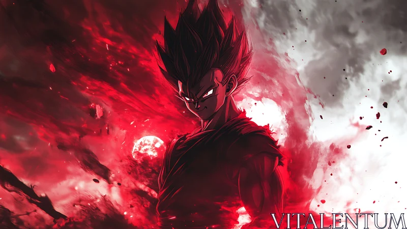 Dark anime warrior amid explosive red cosmic energy storm.