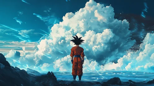 Celestial-bound warrior surveying hyperbolic cumulonimbus horizon.