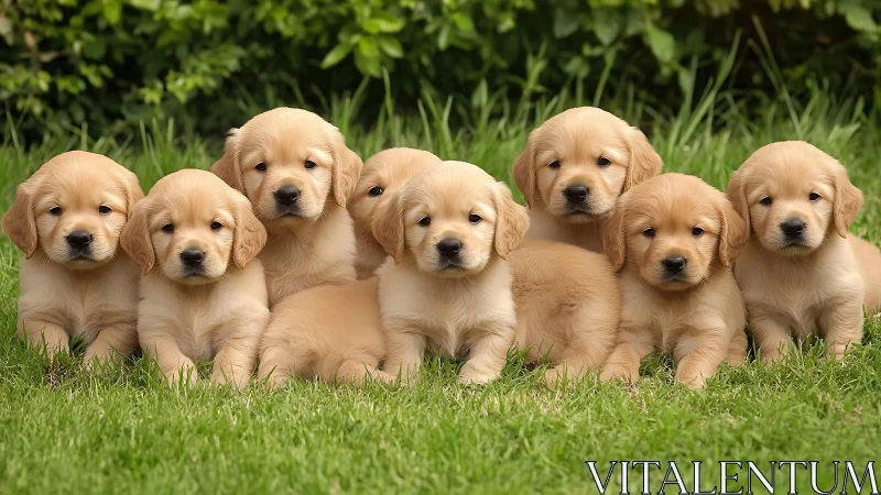 Golden retriever puppies sit together in a sunny green garden