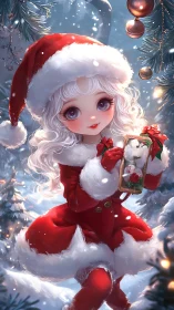 Cute chibi girl in Santa outfit holding Christmas mouse