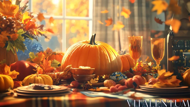 Autumn harvest table with central pumpkin, backlit by warm window light