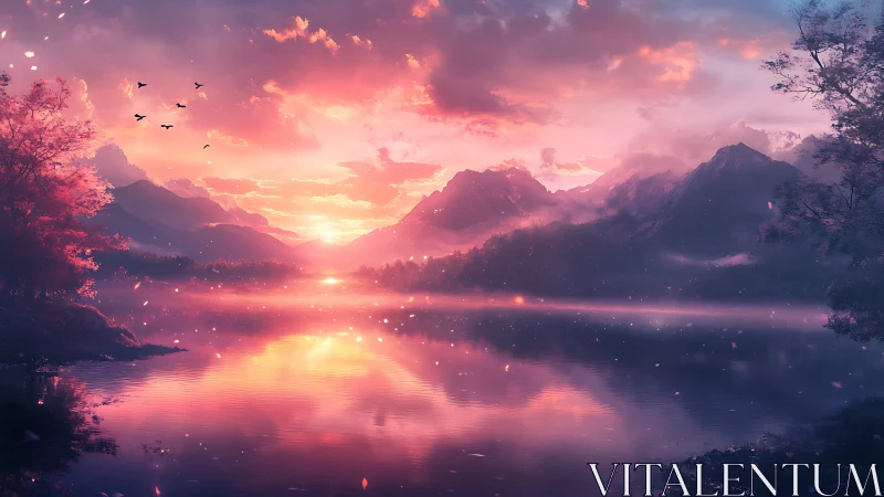 Twilight mountains sip molten sky from a dreaming lake