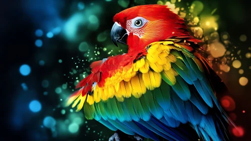 Vibrant Scarlet Macaw in Colorful Abstract Digital Art Style.