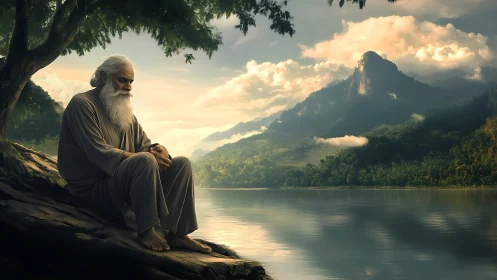 Elder’s quiet riverside morning beneath misty green peaks.