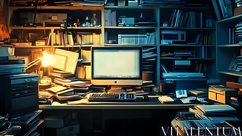 Lamp-lit digital den glows amid chaotic paper archives.