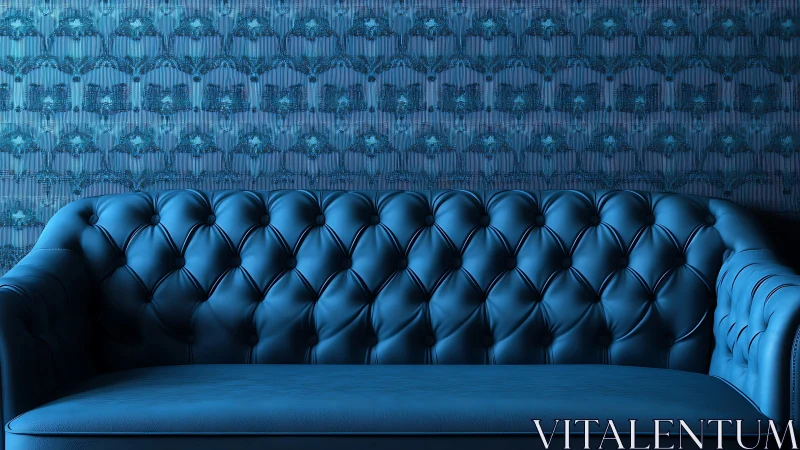 Monochromatic blue chesterfield sofa against patterned damask wall