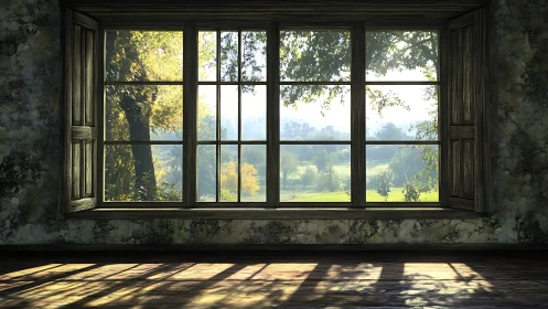 Sunlit meadow framed by a timeworn mossy window hush.
