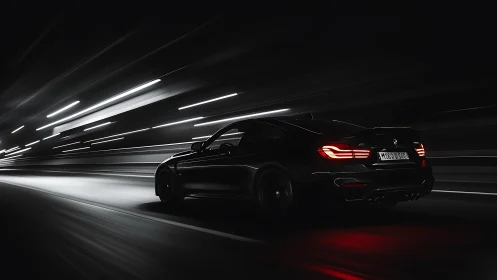 Black sports coupe accelerates through dark tunnel at night