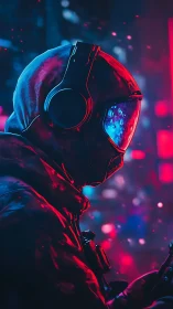 Neon cyberpunk rider with visor helmet in night city.