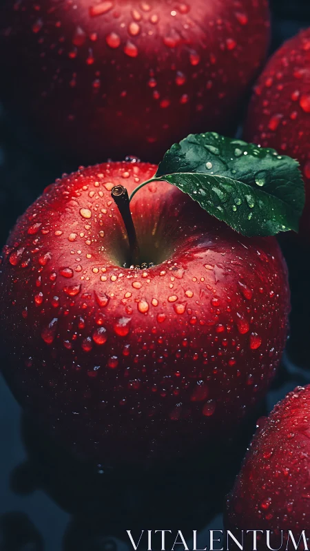 Juicy red apples rest in cool water, shining with dewdrops