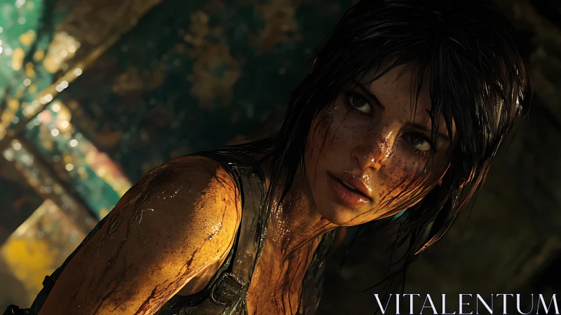 Mud covered female game character in close cinematic view.
