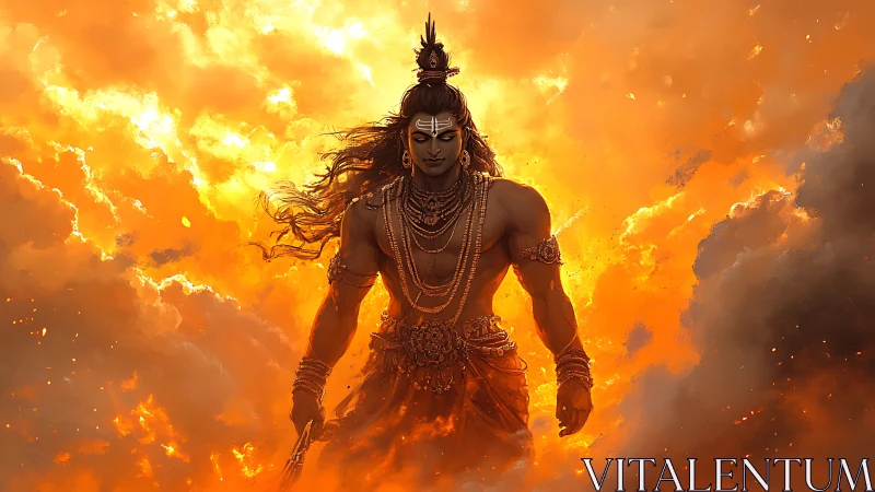 Divine warrior deity strides through blazing golden clouds.