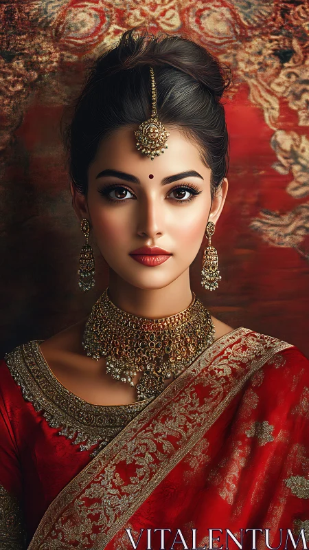 Portrait captures regal woman in red sari with ornate jewelry