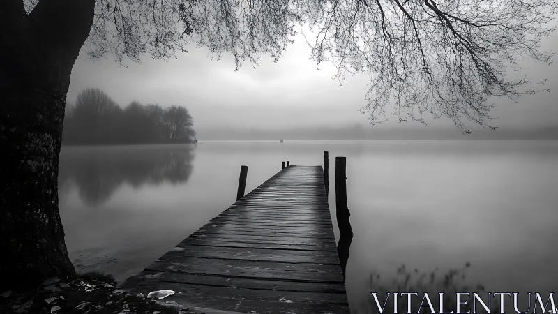 Quiet wooden pier reaching into a soft misty lakeside calm.