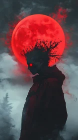 Silhouetted figure under blood red moon with glowing eyes.