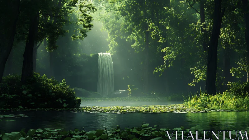 Luminous Cascade Through Dense Verdant Canopy with Atmospheric Light.