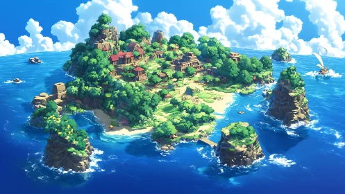 Verdant Island Settlement Beneath Cumulus Sky Architecture