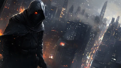 Midnight watcher with ember eyes over stormlit city streets.