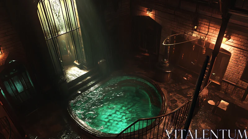 Indoor brick bathhouse with circular illuminated pool at night.