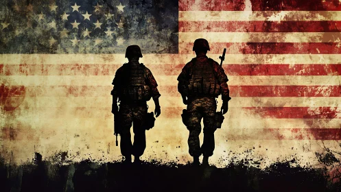 Two soldiers stand silhouetted against a worn US flag backdrop