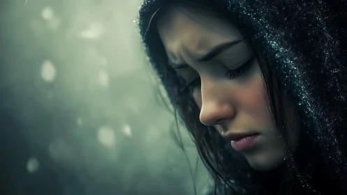 Side-lit portrait isolates somber hooded face with shallow depth