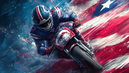 Motorcyclist in racing gear rides before stylized flag backdrop