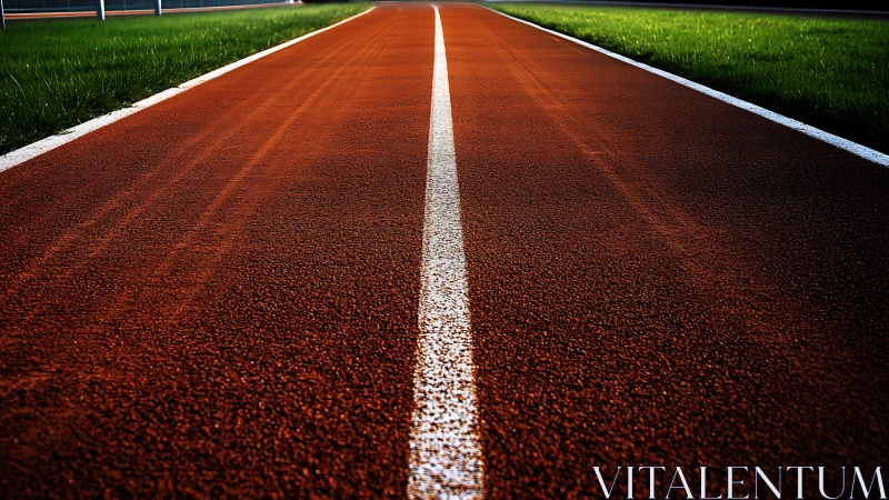 Red running track lane with white center line at dusk.