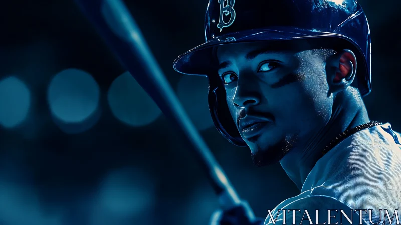 Focused baseball batter ready to swing under cool lights.