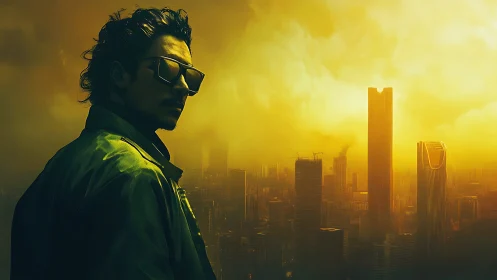 Cyberpunk portrait against smog-drenched neon megacity skyline.