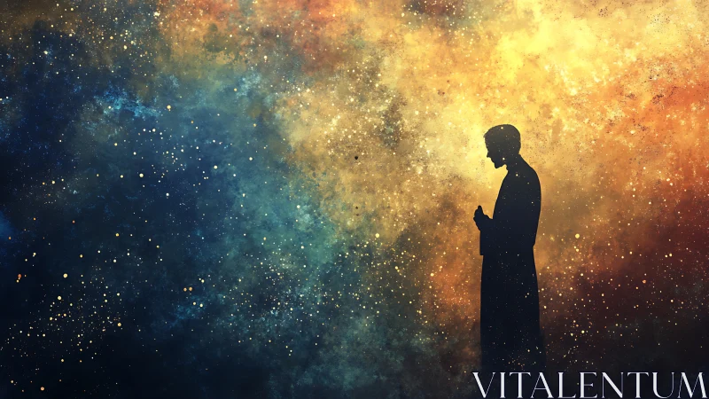 Silhouette of solitary figure against vast starry cosmos.