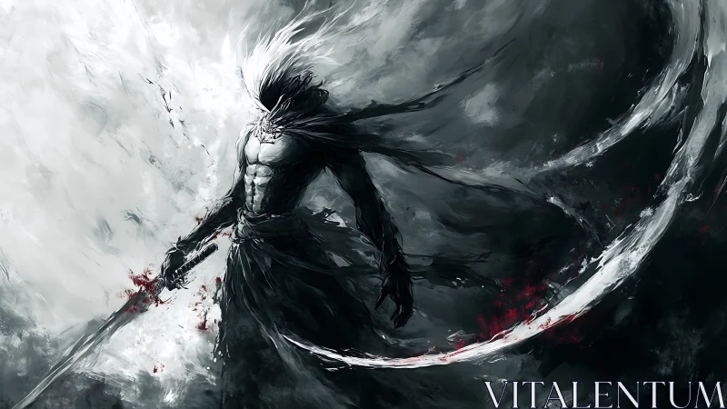 Dynamic monochrome warrior concept with sweeping energy arc.