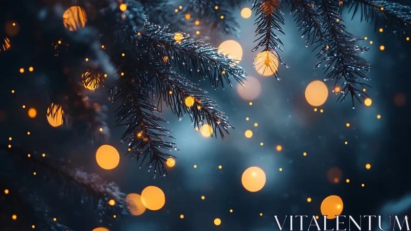 Snow-dusted conifer branches with defocused warm lights.