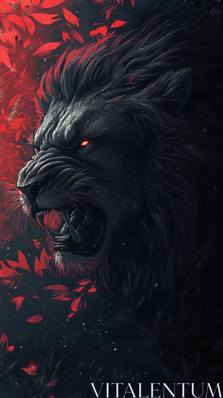 Infernal lion profile in scarlet embers and shadowed gloom.