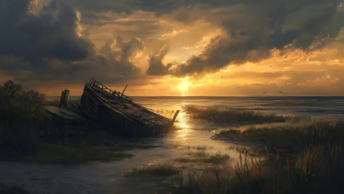 Decayed wooden shipwreck in tidal marsh under volumetric sunset light