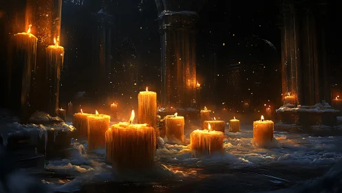 Digital painting of molten candles in a dark ruined nave.