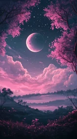 Crescent moon illuminates pink twilight valley landscape