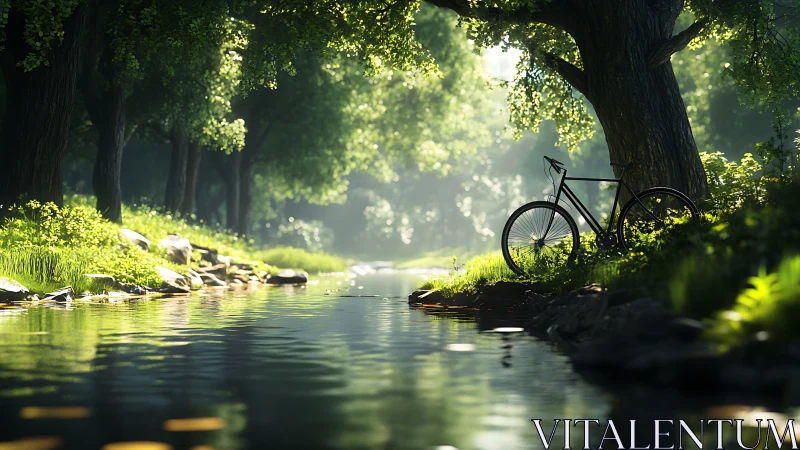 Bicycle rests by flowing stream beneath cathedral-arched trees.