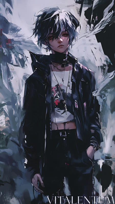 Storm-lit street urchin in midnight leather resolve.