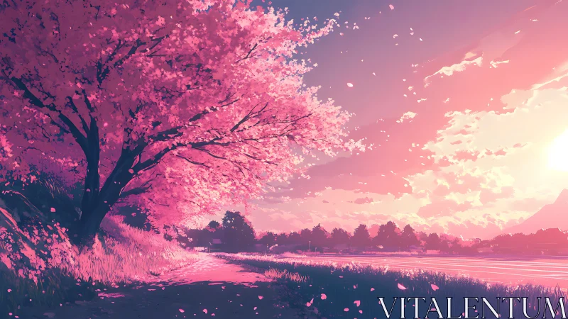 Sunlit cherry blossoms line tranquil riverside path at dusk.