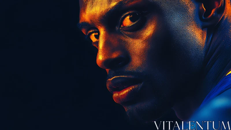 Vivid neon portrait with intense sidelight and gaze.