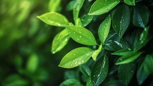 High-contrast macro leaves with surface water droplets and bokeh