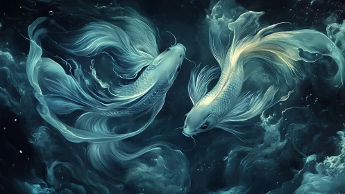Twin pale fish in dark swirling aquatic environment.