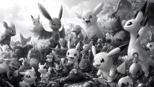 Playful creature crowd gathers in bright grayscale forest storm.