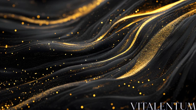 Abstract black waves with shimmering gold particles, digital art.